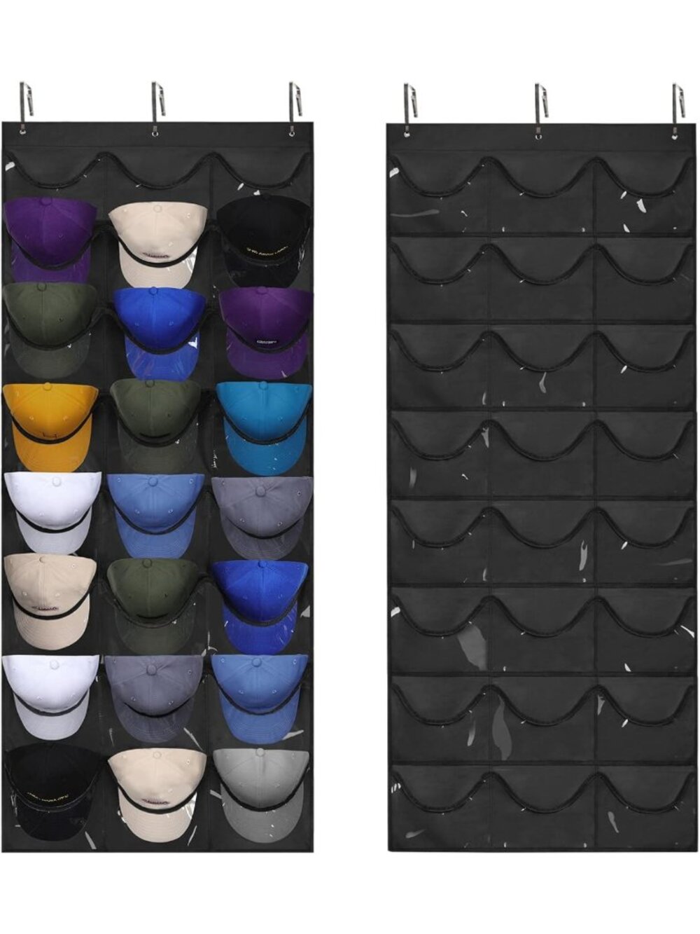 Hat Organizer Rack for Baseball Caps - Wall Door Storage with 3 Hooks & 24
